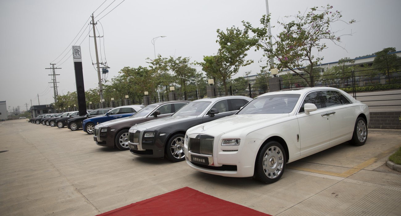 Rolls-Royce cars on display outside the Rolls-Royce Motor Cars (Nanning) showroom