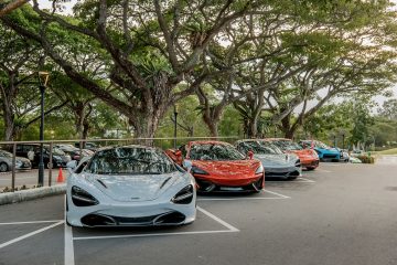 The line-up of McLarens outside Tanah Merah Country Club